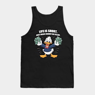 A vectordesign trending concept for A cartoon happy character duck, holding bundles of money in both his hands (2) Tank Top